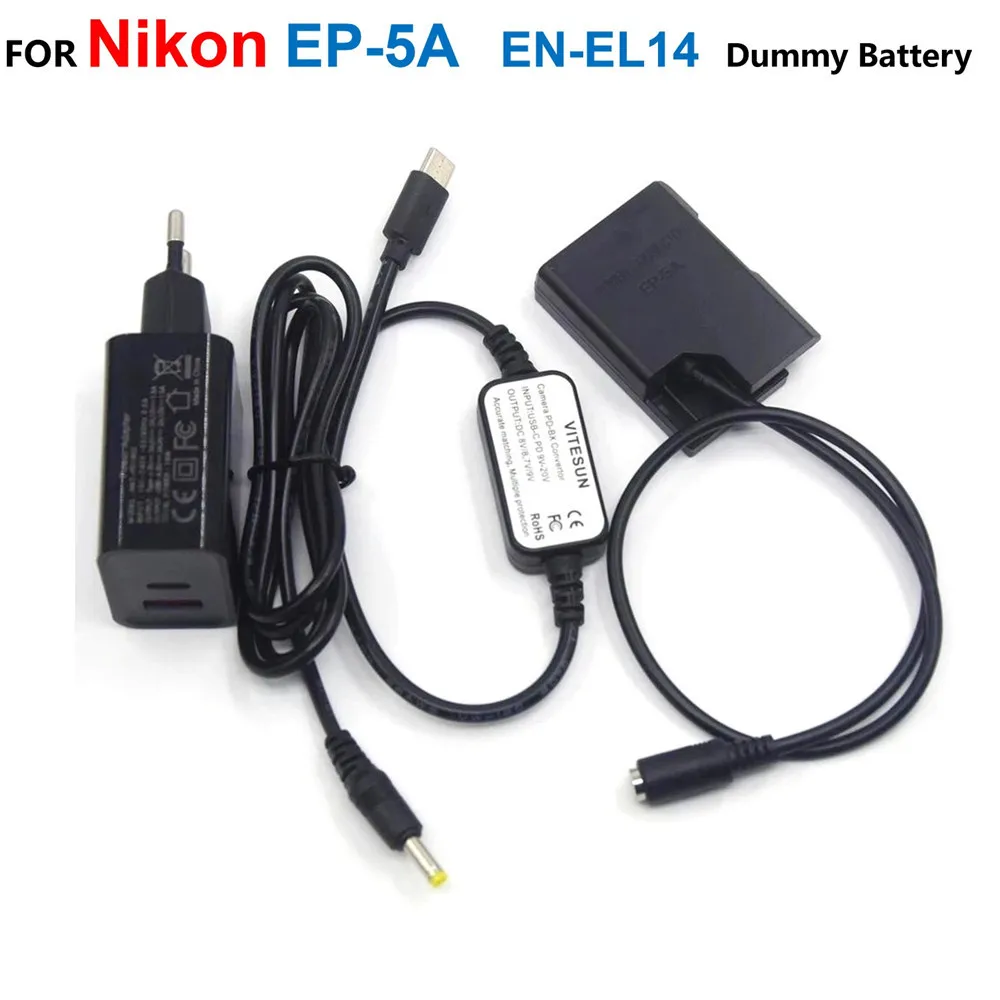 

EP-5A EN-EL14 Fake Battery+USB C Power Bank Cable+PD Charger For Nikon P7100 P7800 D3200 D5600 D3300 D3400 D5200 D5300 D5500