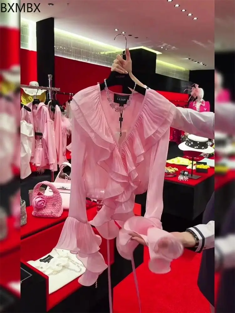 French  V-neck chic ruffle edge flared sleeve long-sleeved shirt women's 2025 early spring new age-reducing shirt