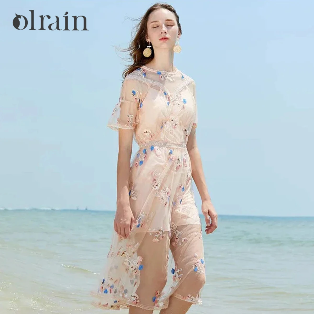 

OLrain Women Summer Floral Dresses Ladies 2025 French Fashion Elegant Chic Embroidered Sheer Short Sleeve Dresses 8XLB11169
