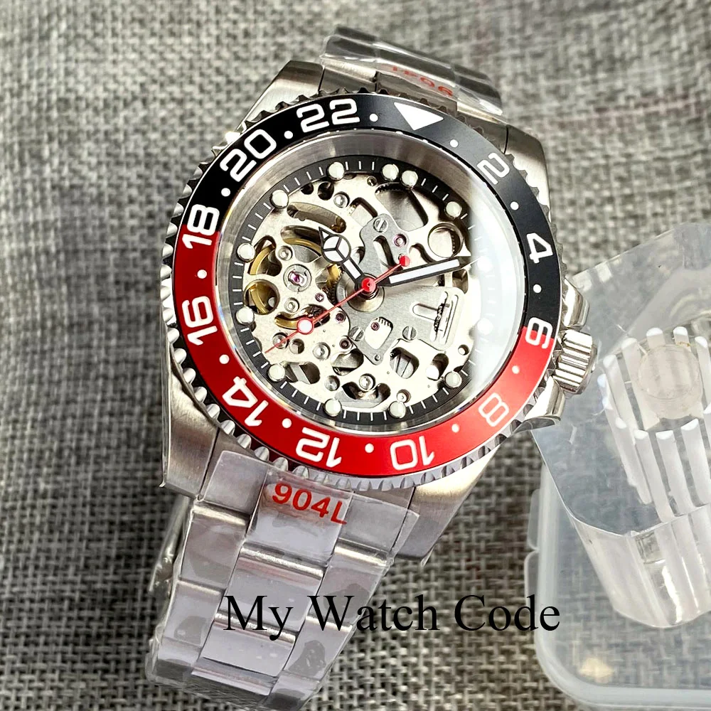 New Skeleton Mechanical Male Watch S NH70 Movt Hollow Dial Red Hand 120clicks Bezel Diver Wristwatch 20Bar Polish Strap