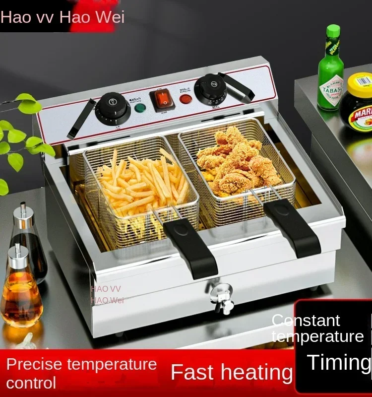 220V Large Capacity Electric Deep Fryer with Dual Tanks for Frying Chicken, French Fries and More