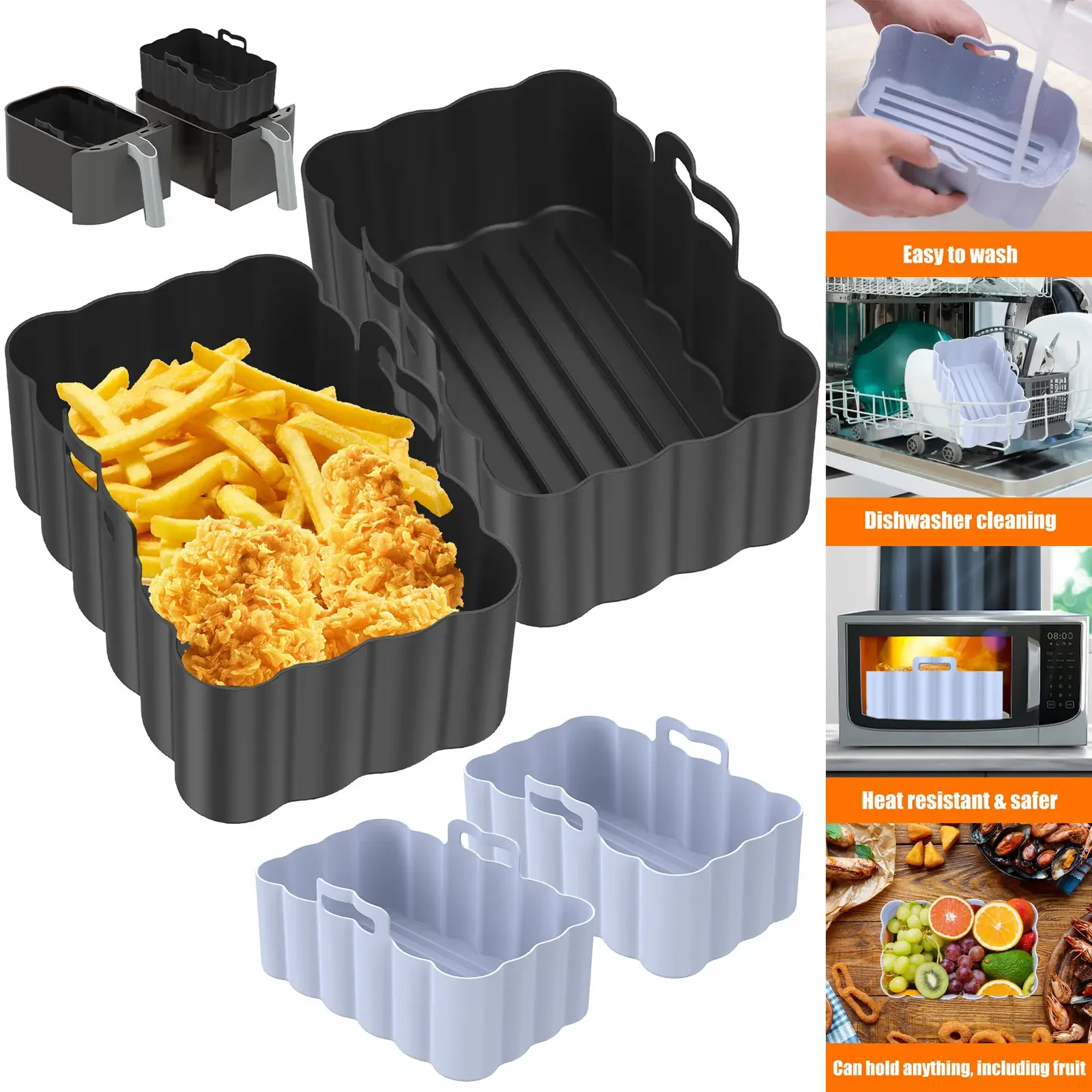 2 PCS Air Fryer Silicone Pot with Handle Reusable Silicone Air Fryer Liner Heat Resist Rectangular Silicone Air Fryer Tray