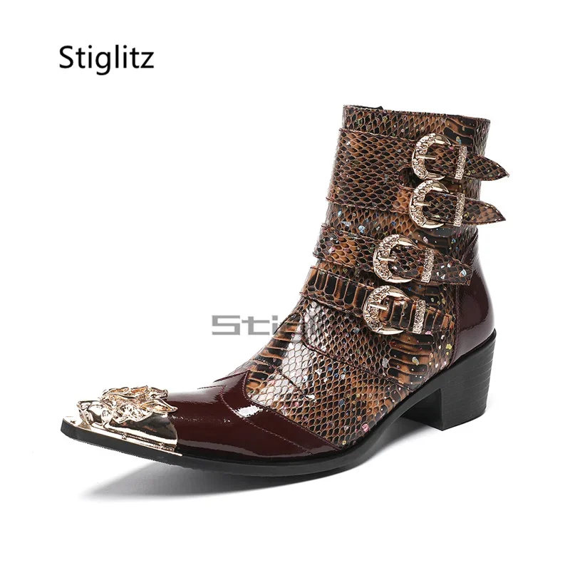 

Prints Leather Metal Buckle Men's Chelsea Boots Metal Toe Patchwork Genuine Leather High Heels Ankle Boots Side Zip Male Shoes