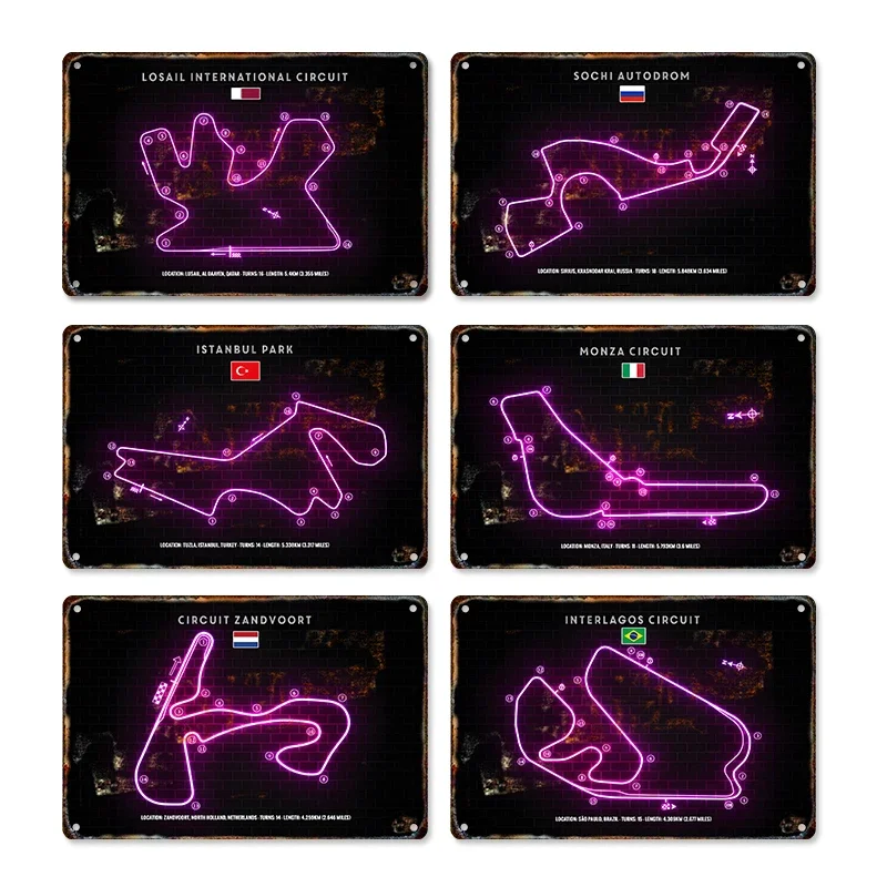 Vintage F1 Racing Neon Track Line Metal Painting Tin Sign Inor Poster City Circuit Miami Grand Art Picture Prints Bedroom Decor