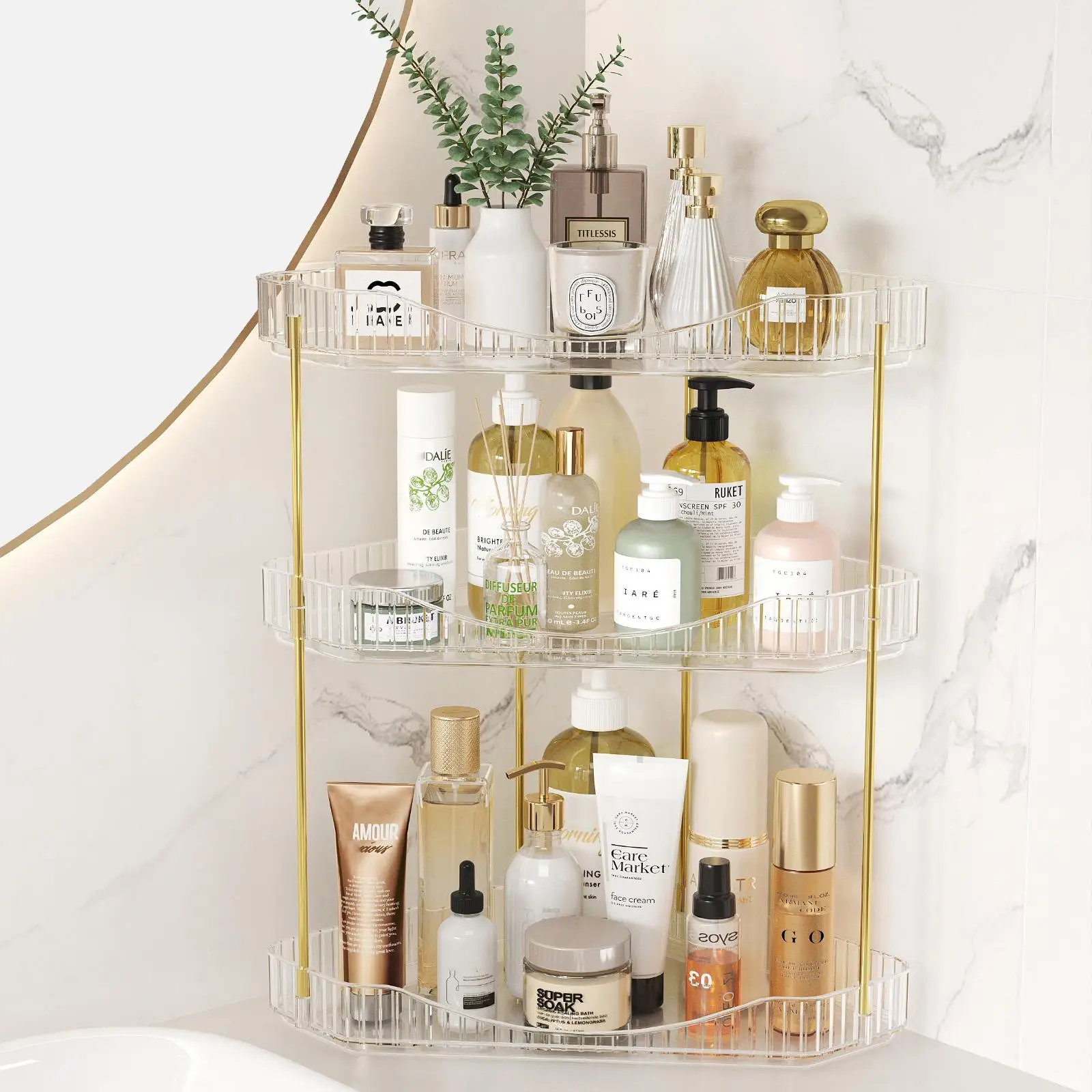 Large Capacity Bathroom Counter Organizer Makeup Corner Stand Perfume Tray Cosmetic Skincare Storage Shelf Space Saving Vanity Dresser Desktop Display Rack for Bedroom Kitchen