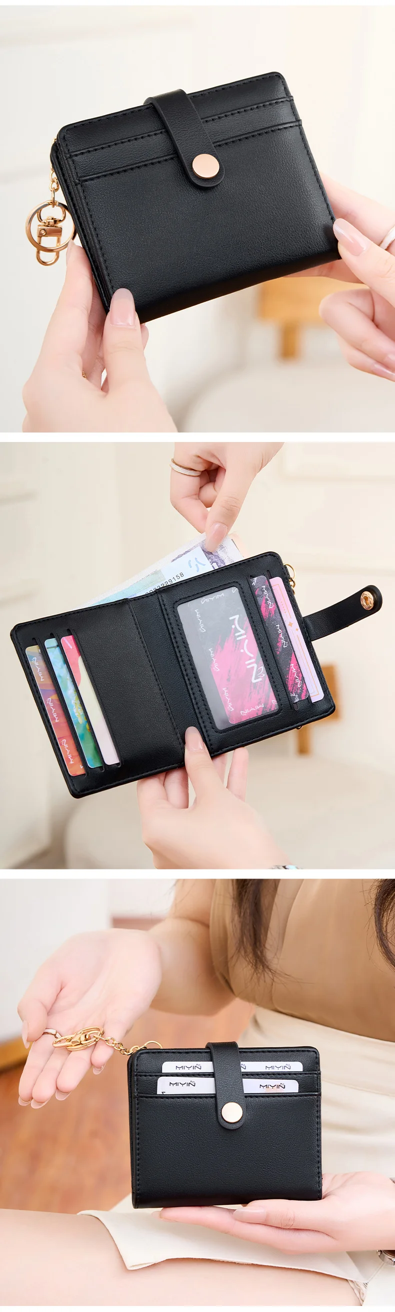 MIYIN Ultradünne Damen-Geldbörse RFID-geschützt, zweifach faltbarer Kreditkarten-/Ausweishalter, minimalistische kurze Geldbörse mit Reißverschluss und Schlüsselanhänger – Detail 5