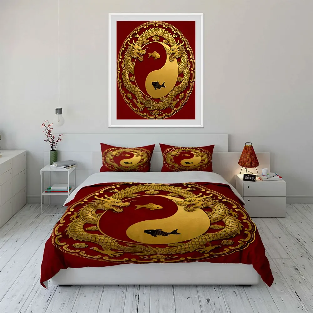 Golden Dragon Yin Yang Set Soft Comfortable Duvet Cover Bedding Set Included 1*Duvet Cover & 2*Pillowcases, gift