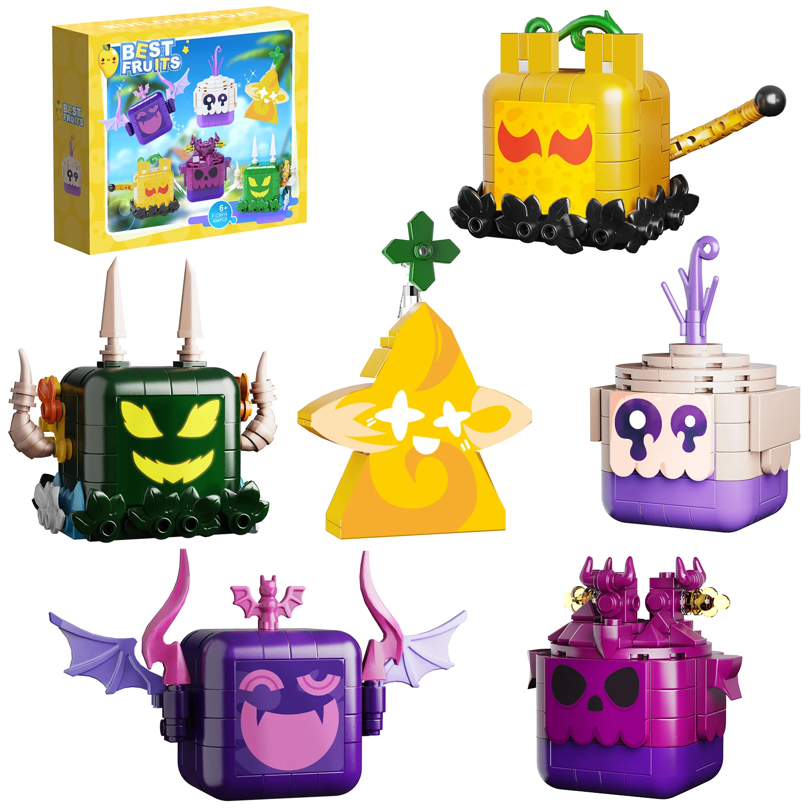 MOC-Juego de bloques de construcción de frutas Blox 6 en 1, juego de aventura, figuras de fruta del diablo, juguetes, modelo, regalos para niños, novedad de 2024