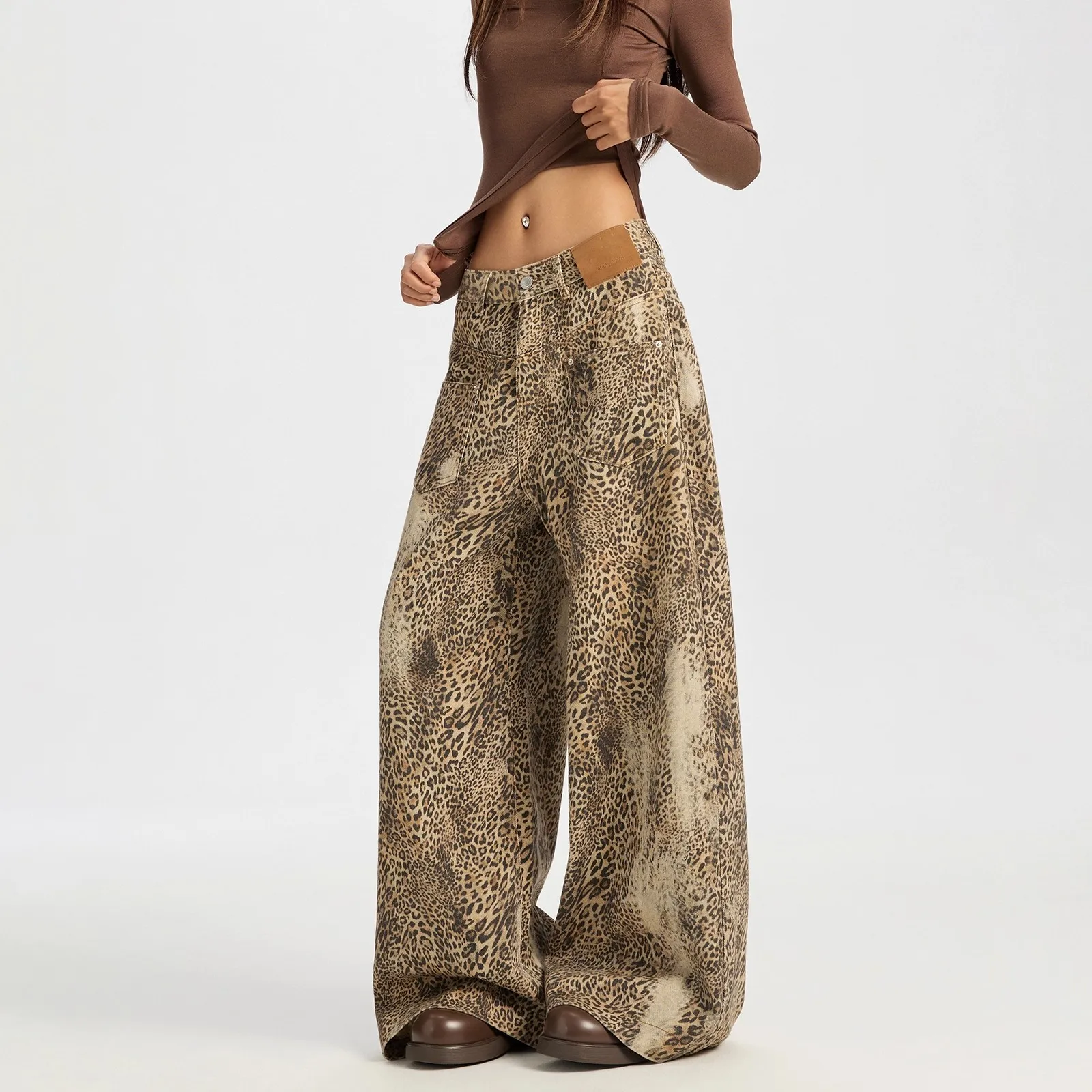 فضفاض واسعة الساق الجينز النساء عالية الخصر الرجعية ليوبارد طباعة مستقيم الجينز شارع العليا الشارع الشهير Y2k خمر سراويل جينز #2