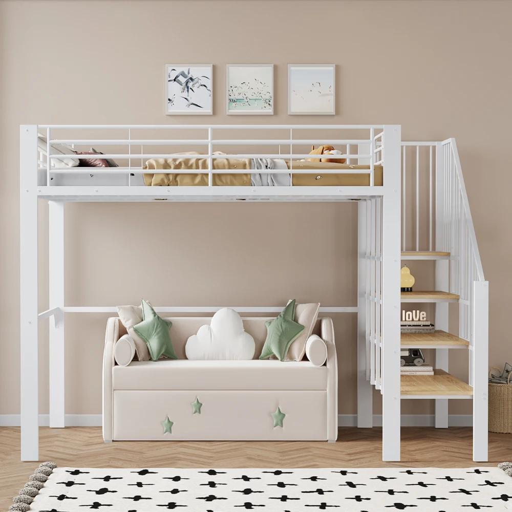 Stabiles Hochbett aus Metall, 90 x 200 cm/140 x 200 cm, mit geräumigem Stauraum unter dem Bett und Treppe für Kinder und Erwachsene, Bettgestelle und -gestelle – Detail 28