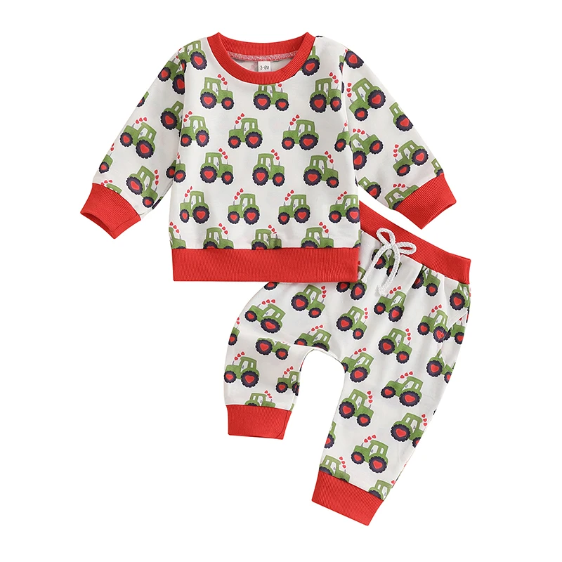 طقم ملابس عيد الحب للأطفال مكون من قطعتين بأكمام طويلة وسويت شيرت وسروال مطبوع عليه جرار ملابس ربيعية