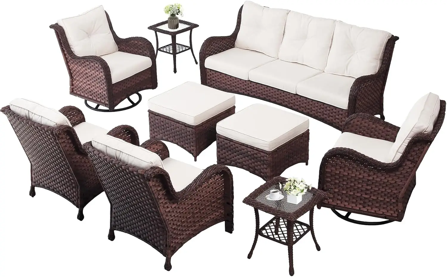 

9 Pieces Outdoor Patio Furniture Set, Rattan Wicker Sectional Swivel Rocker Chairs Sets with Ottomans, Swivel Glider Chairs