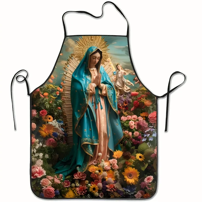 Virgin Mary Floral Print Sleeveless Polyester Apron Perfect for Cooking Baking Crafts