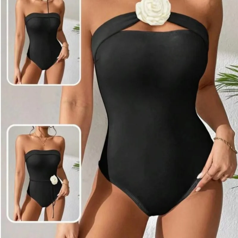 Fashion Foreign Trade New Solid Color Sexy Tight Halter One-Piece Bikini in Stock Cross-Border European and American Swimwear