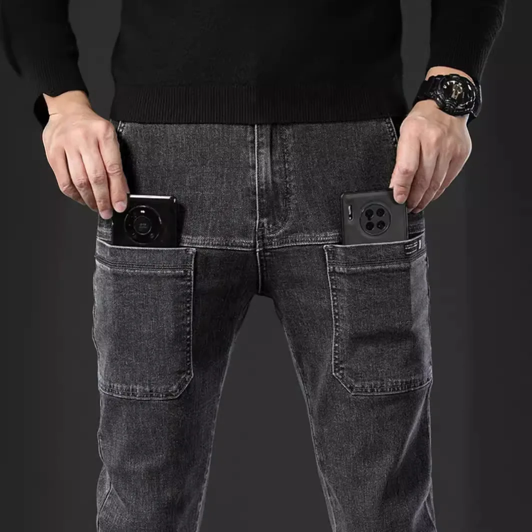2026 Spring Summer Men's Multi‑Pocket Jeans Elastic Straight Leg Casual Slim Fit Six‑Pocket Versatile Denim Long Pants