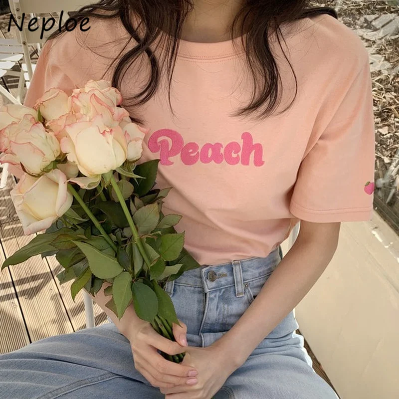 Neploe Summer Tees Femme Sweet Temperament Peach Embroidered Letter Design Tops Round Neck All-Match Cotton Short Sleeve T-Shirt