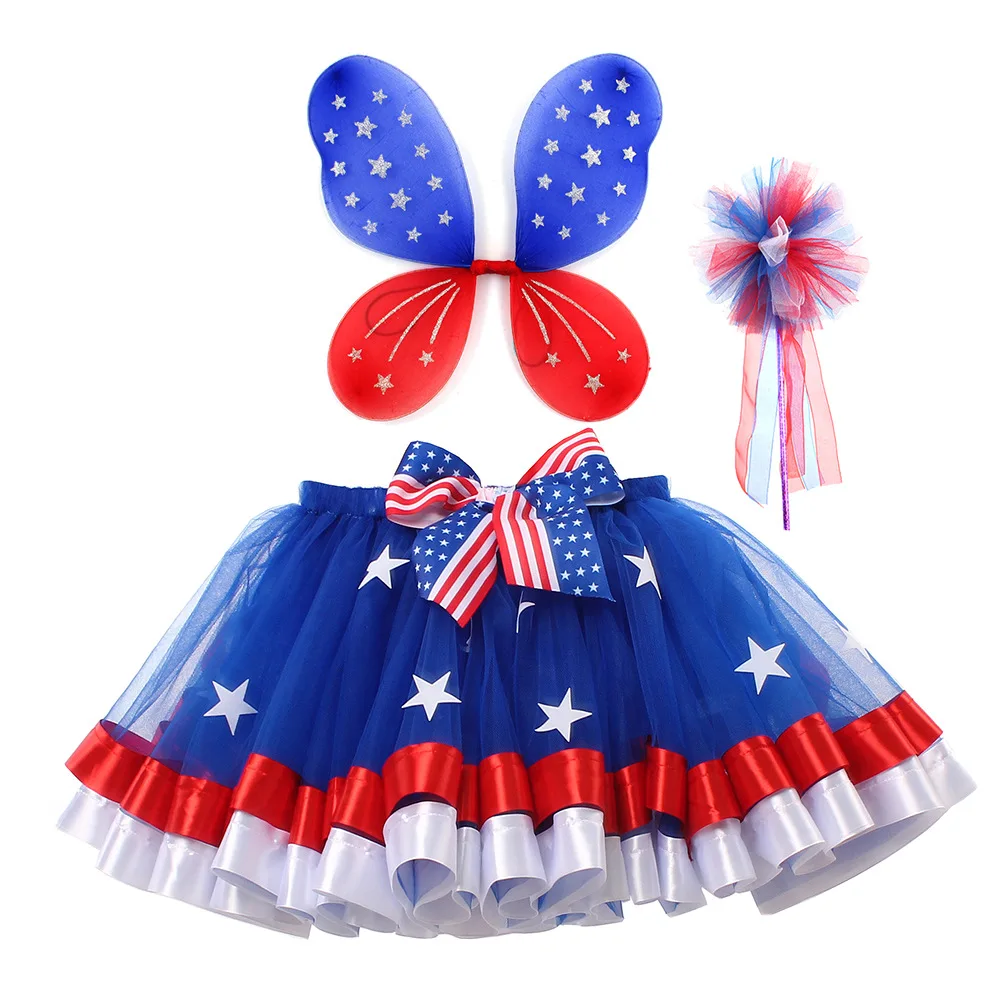 Girls Tutu Skirts Suit with Wings Headband Sequin Bow Costume Independence Day Kids Carnival Holiday Outfit Patriotic Clothes