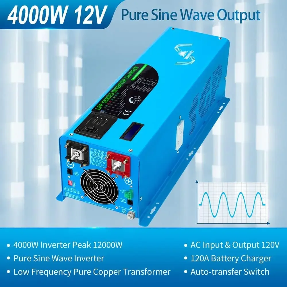 4000W 12V Pure Sine Wave Power Inverter DC 12V Input To AC 120V Output Converter, Low Frequency Inverter Charger for Home, RV, Truck, Off-Grid Solar Wind Power Inverters, Blue