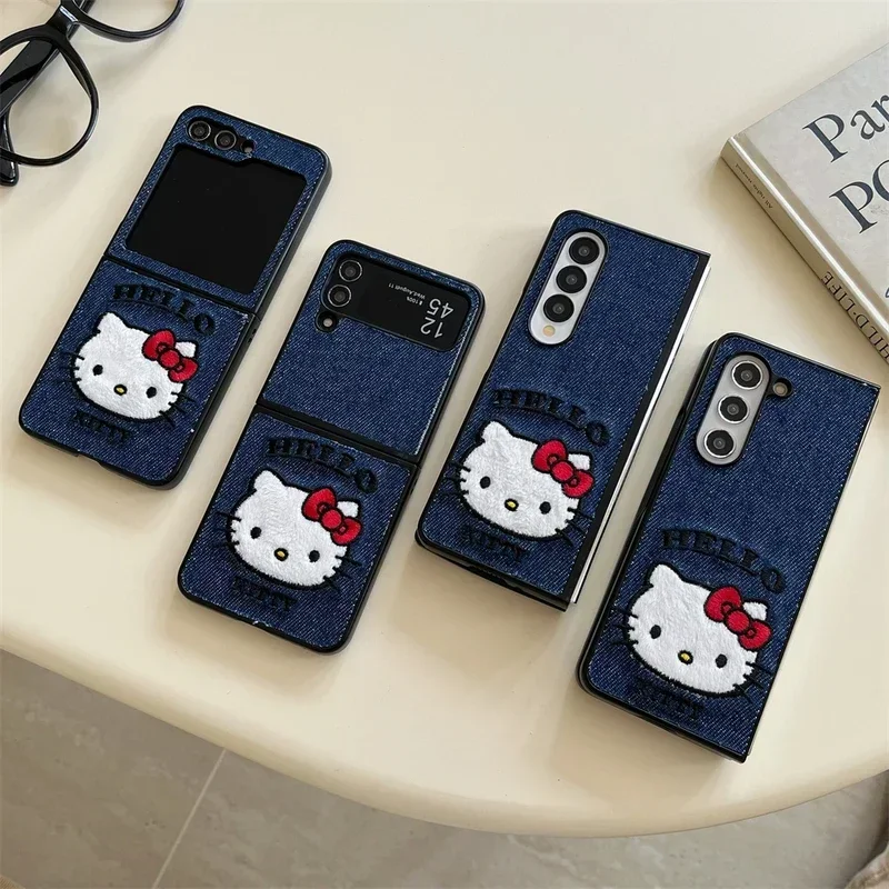 Cute Cartoon Sanrio Hello Kitty Cowboy Denim Fabric Embroidery Leather Phone Case For Samsung Galaxy Z Flip 6 5 4 3 Hard Cover