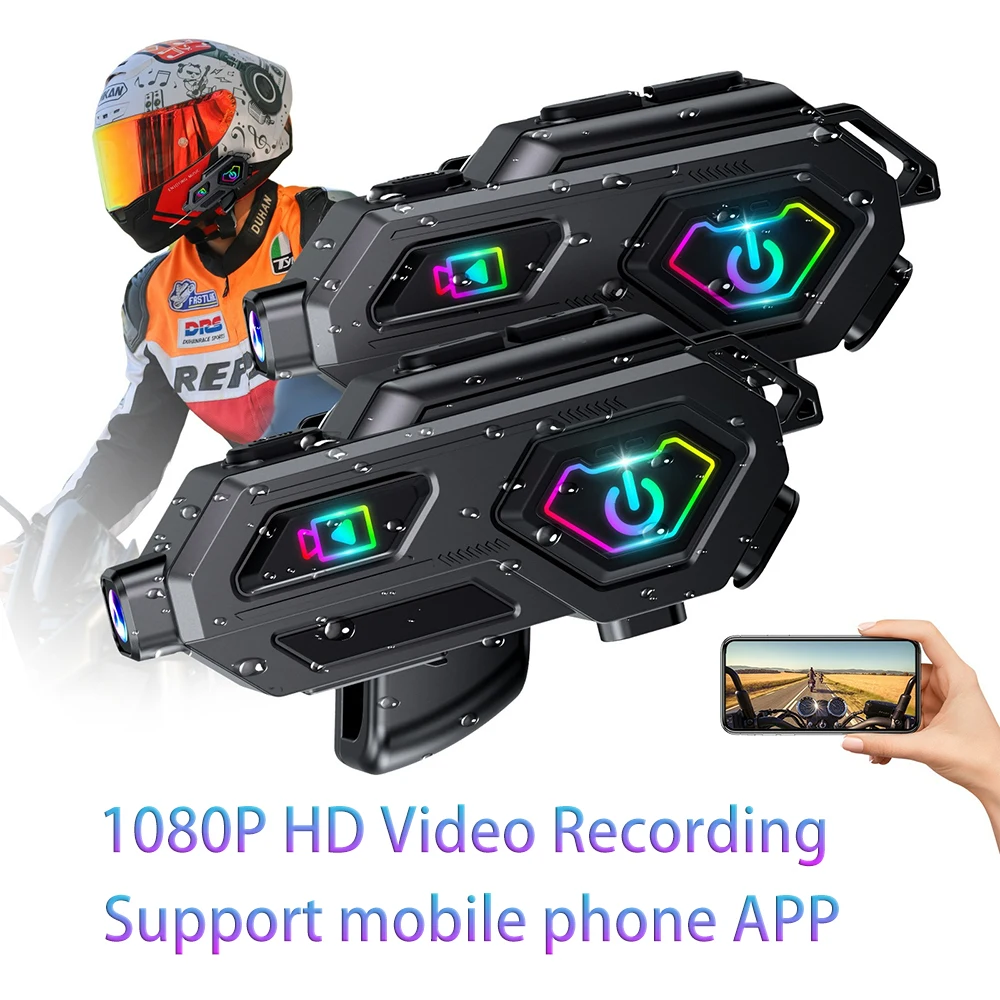 

2Pcs 1080P HD Motorcycle Helmet Dash Cam Headset Bluetooth 5.3 Intercom System FM Radio IPX5 Motorbike Handsfree Headphones