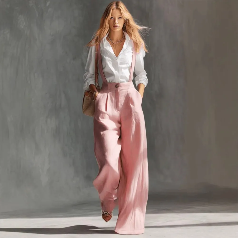 

Elegant Retro Pants Solid Color Wide Leg Overalls Summer Women's New High Belt Pocket Button Trousers Pantalones De Mujer