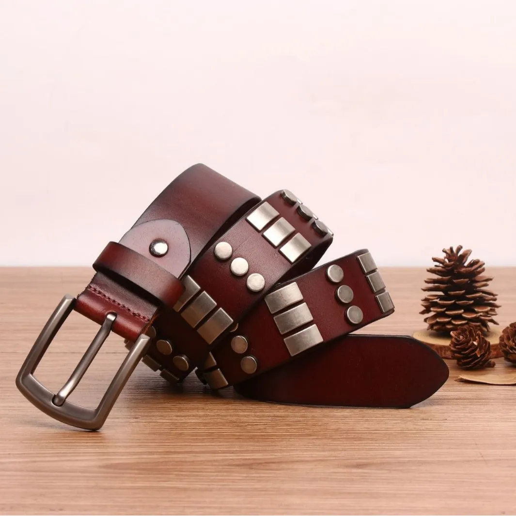 

Персонализированный повседневный мужской ремень из воловьей кожи с верхним слоем и заклепками, мужской ремень в стиле панк, хип-хоп