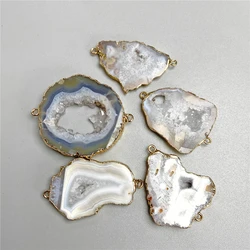 2Pcs/Lot Irregular Natural Druzy Pendants Fashion Slice Agates Pendant Double Holes Connector Charms for Jewelry Making DIY