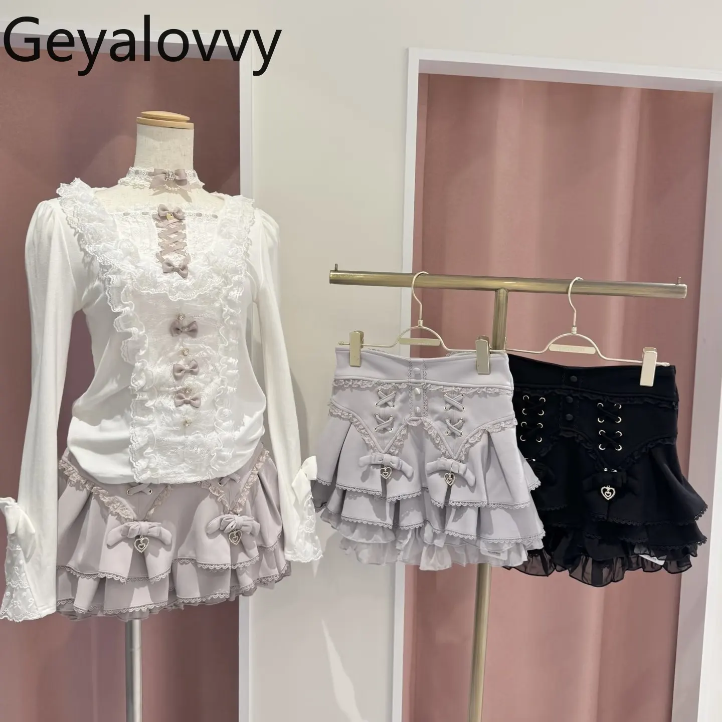 

Spring New Lace Long-sleeve Choker Collar Ribbed Knitted Tops Fashion Sweet Cute Girls Versatile Bow Pullover for Girls