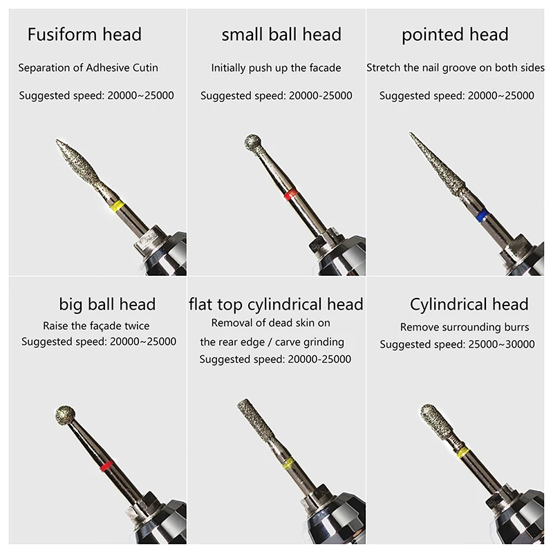 6Pcs/set Diamond Nail Grinding Head Polishing Grinding Nail Electric Manicure Tool Cuticle Nail Sander Drill Bit Accessories