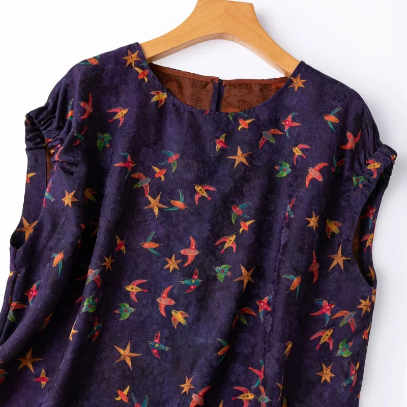 Birdtree, 100% Silk Print Tshirt, O-neck Raglan Sleeves Tops, Rear Slit, Women's Jacquard Xiangyunsha Shirt, 2026 New T67018JF