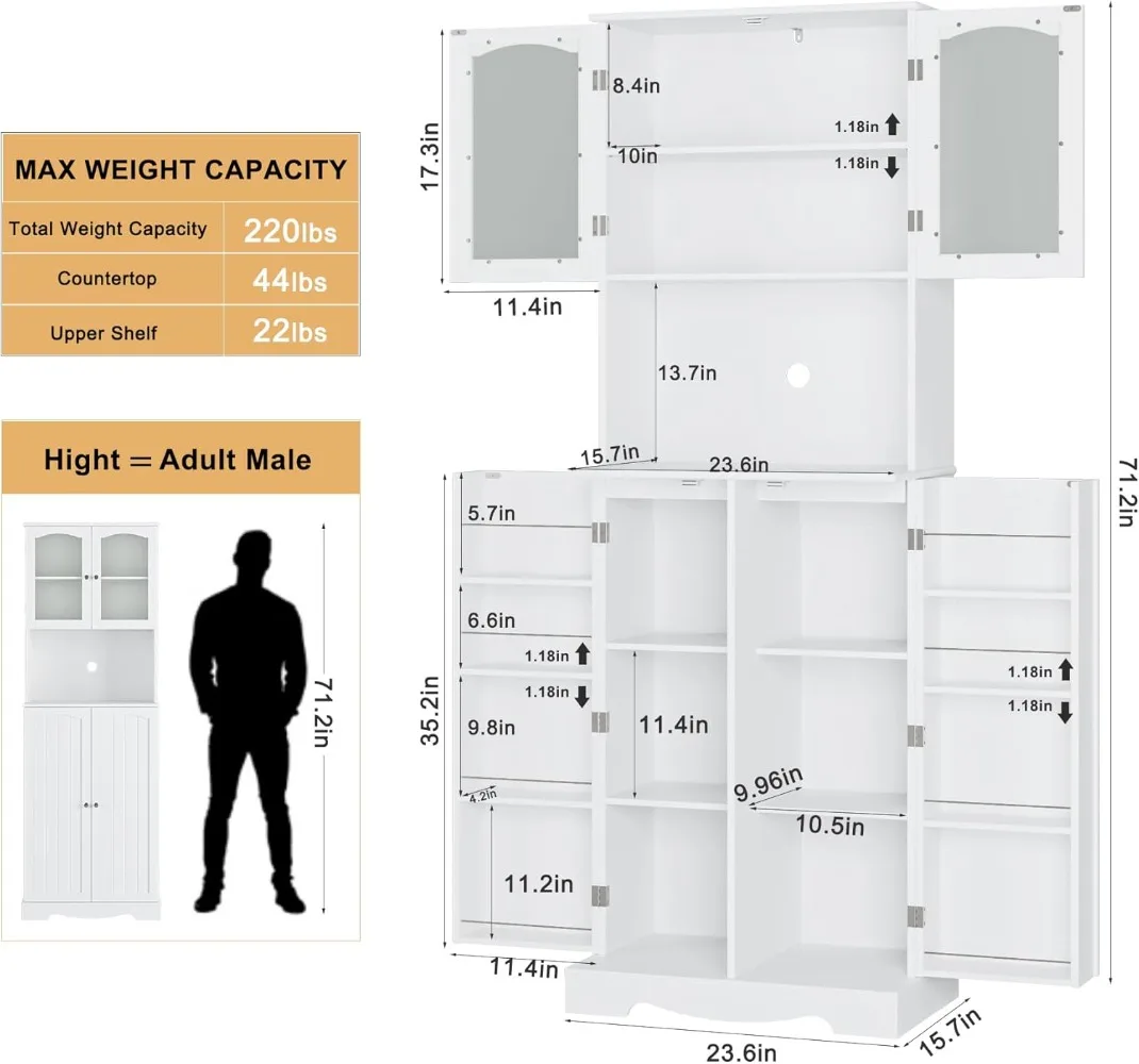 HOSTACK 71'' Pantry Cabinet, Tall Storage Cabinet with Microwave Stand, Freestanding Kitchen Hutch with Doors and Adjustable
