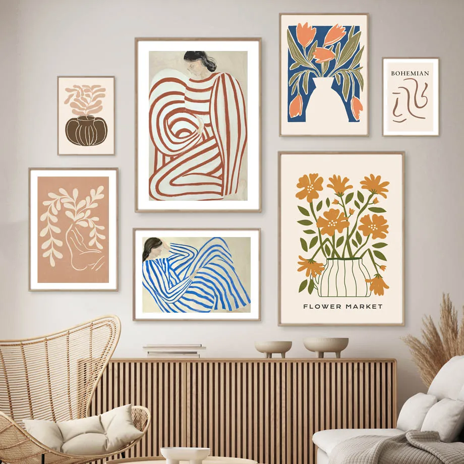 2026 Striped Girl Vase Flower Leaves Wall Art Canvas Painting Abstract Posters And Prints Hotel Bar Wall Pictures Living Room De