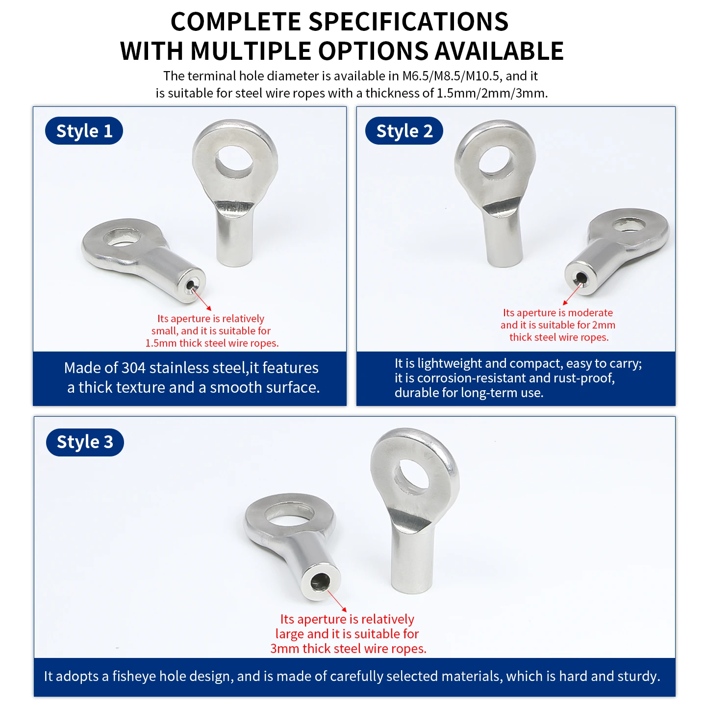 M6-M10 Stainless Steel Cable Terminal, 304 Stainless Steel Crimping Terminal for 1.5mm/2mm/3mm Steel Wire Rope