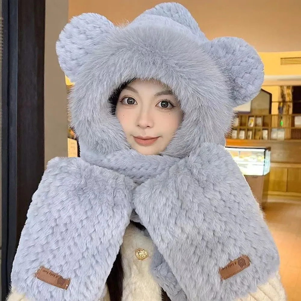 Cute Warm Hooded Scarf Hat Thickened Anti-Freezing Winter Hat Scarf Set Integrated Neck Fluffy Soft Warm Cap for Cold Weather