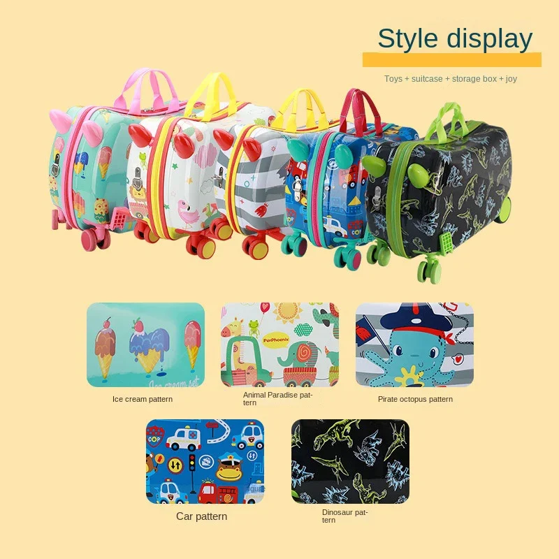 Multifunctional Cartoon Luggage Can Sit and Ride Kids Suitcase Girl and Boy Ice Cream Animal Patterns Cute Travel Bag Gift Baby