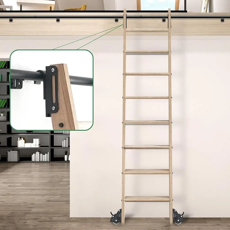 Wall Mount Adjustable Attic Library Ladder Black Carbon Steel Track Mobile Step Stair For Bookcase Household Indoor Access Tool