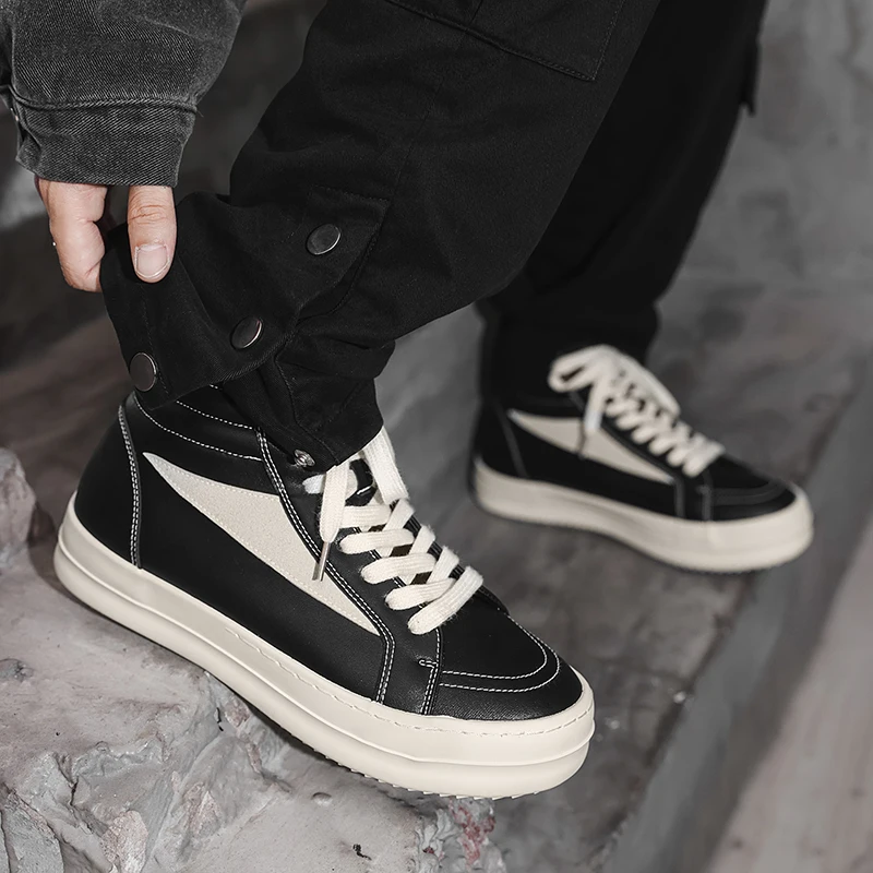 

Spring and Autumn Flat High-top Leather Wear-resistant and Anti-slip Fashionable Large-sized Brand Design Vulcanized Plate Shoes