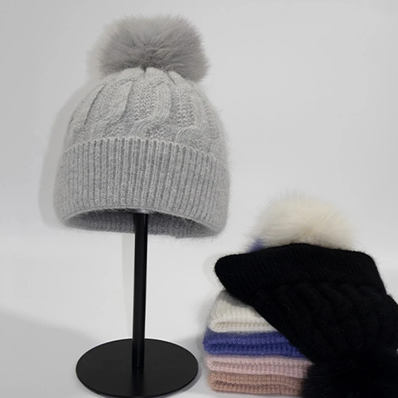 Hat Fox Fur Pompom Women Winter Angora Knit Beanie With Sequins Warm Ski Accessory For Cold Weather Autumn Sport Outdoor Luxury