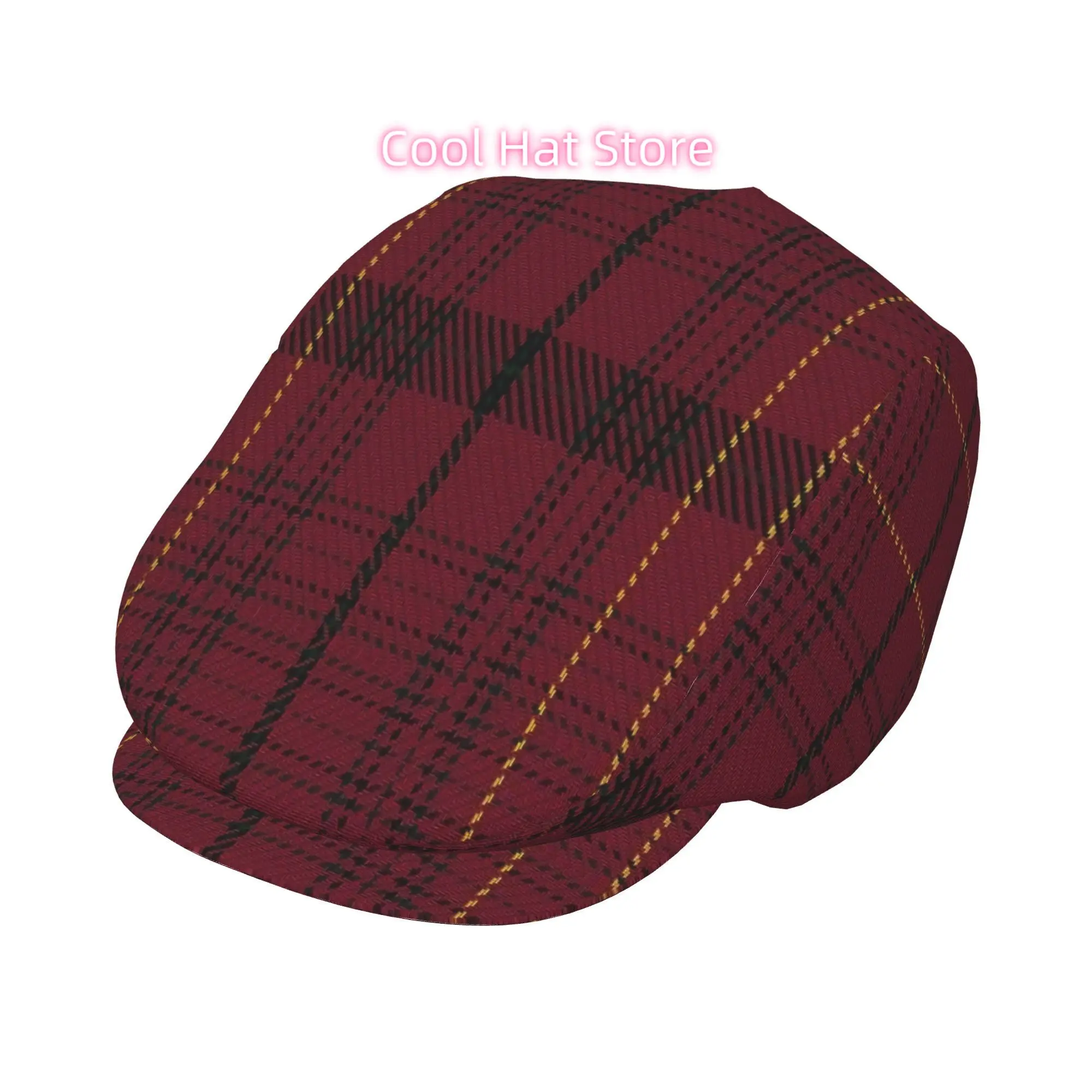 2D Flat - Men'S Beret Hat in Red Tartan with Yellow Stripes, Made of. Adjustable Newsboy Style, Suitable for Driving. Also Avail
