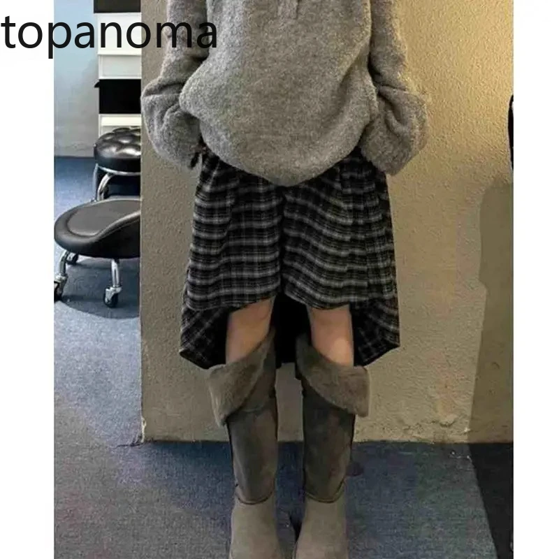 

Topanoma Irregular Skirts Women Vintage Elegant Plaid Loose High Waist Autumn Winter Fashion Preppy Style Female Skirt Casual