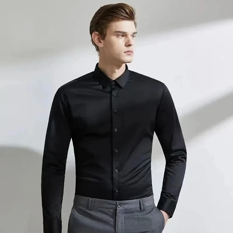 Camisa elástica de manga comprida masculina sem engomar vestido de negócios casual traje de trabalho profissional fino ajuste marinho escritório masculino 100kg