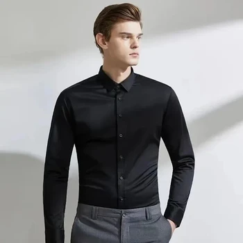 Men's Long Sleeved Elastic Shirt Non Ironing Casual Business Dress Professional Work Attire Slim Fit Navy Office Menswear 100KG 5