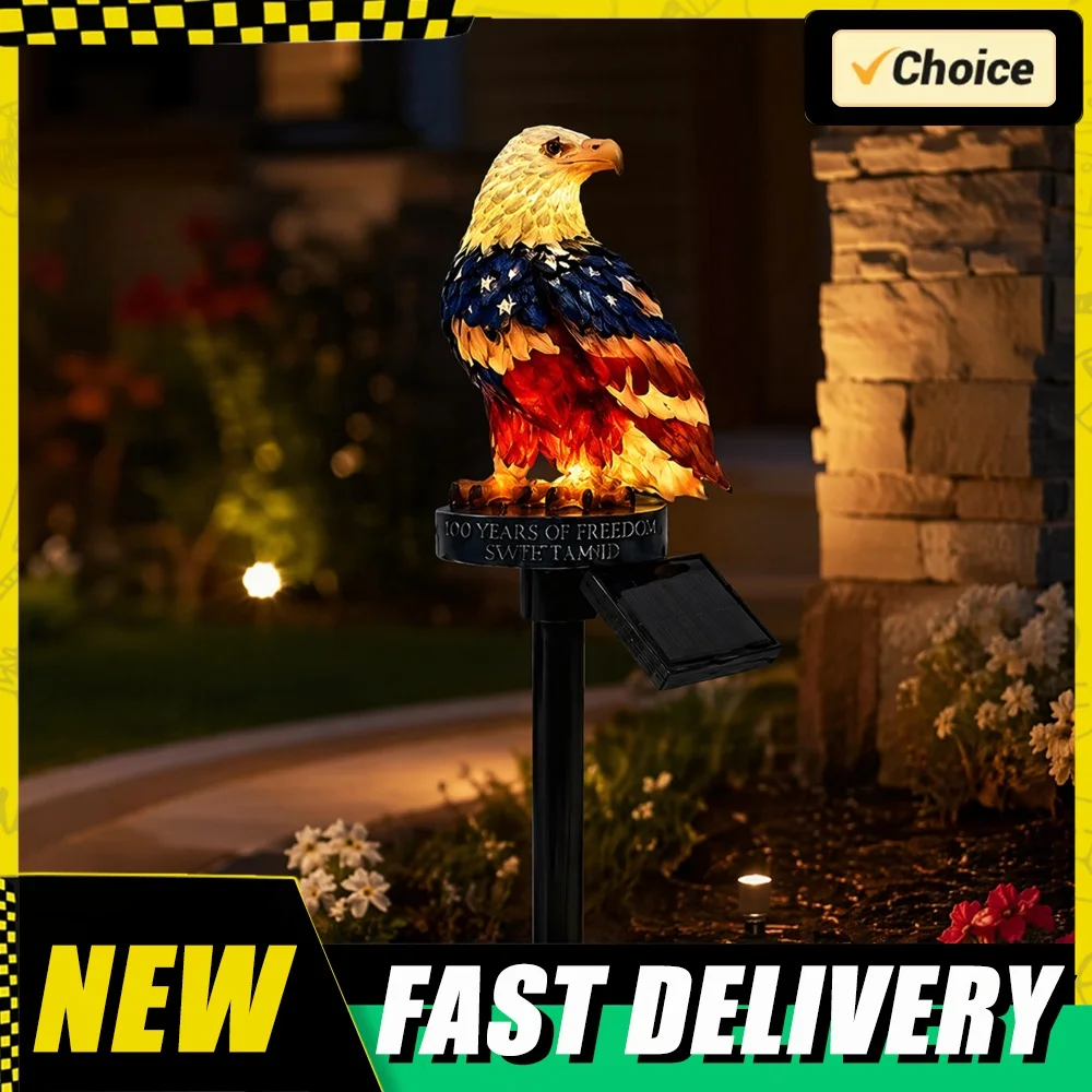 Solar Powered Eagle Stake Lights Waterproof Decorative American Bald Eagle Solar Garden Lights 4th of July Decorations