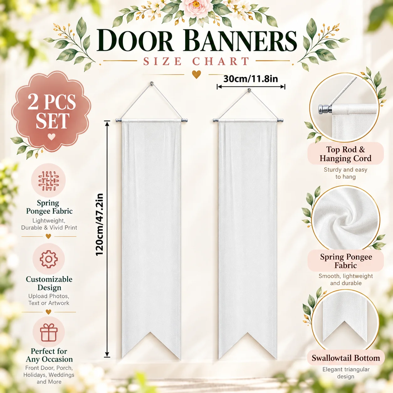 Custom Porch Banner Set of 2, Personalized Any Image Design Triangular Door Flag for Party Decor, 11.8x47.2IN