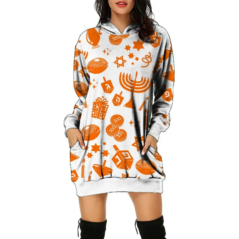 

Women's Hooded Pockets Tunic Sweatshirt Lightweight Printed Long Sleeve Casual Pullover Hoodie Dress Hood Mini Sweatshirt Dress