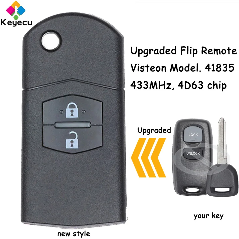 KEYECU Upgraded Flip Remote Car Key With 2 Buttons 433MHz 4D63 Chip for Mazda 2 3 6 323 626 MVP Fob Visteon Model No. 41835