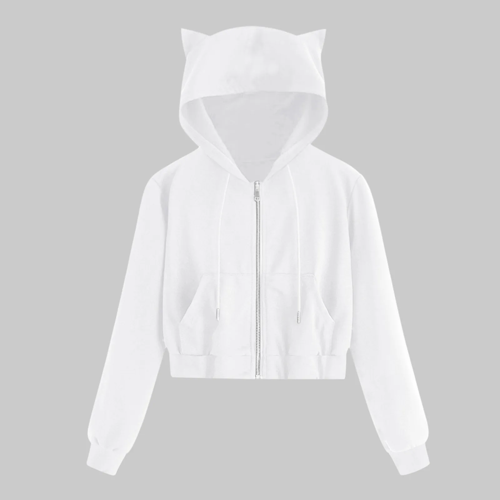 Sudaderas con capucha recortadas con cremallera y orejas de gato para niñas adolescentes, chaquetas Kawaii con bolsillo y cordón, chándal Harajuku