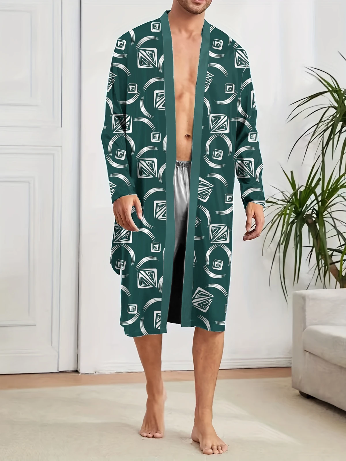 The trend of digital printing on men's long robes, fun sleeping gowns for home use in spring autumn, leisure and entertainment.
