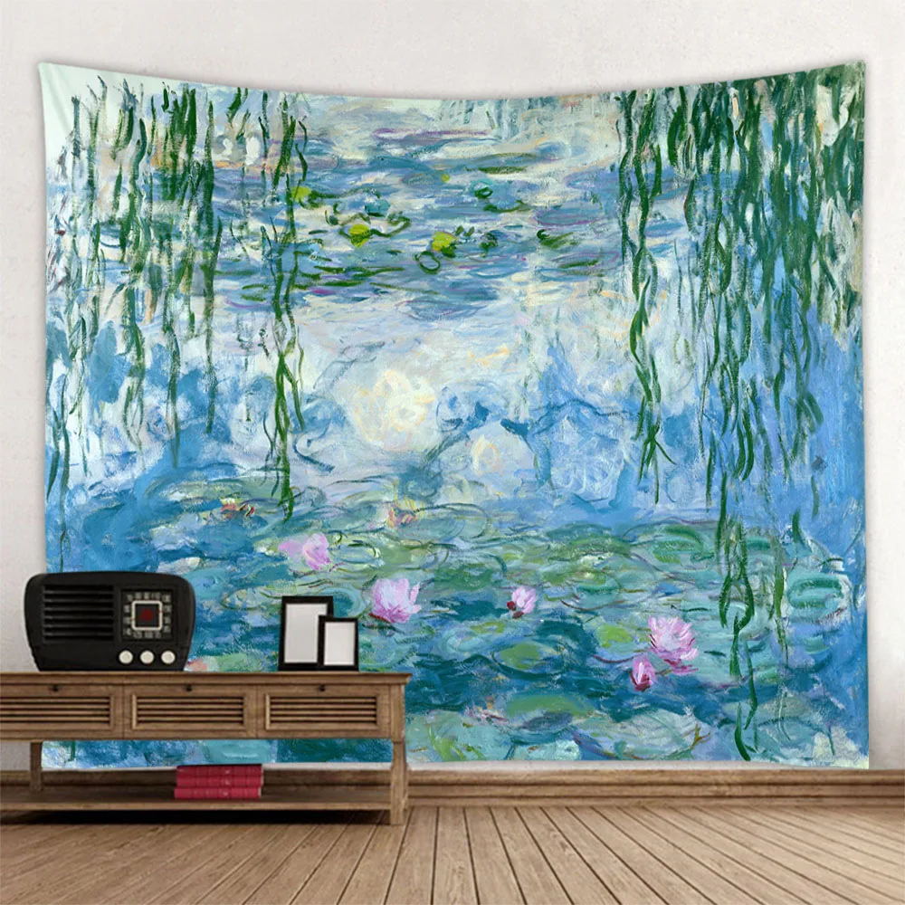 

Vintage tapestry, art poster, lotus wall hanging, Van Gogh oil painting, aesthetic tapestry, living room and bedroom decoration