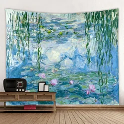 Vintage tapestry, art poster, lotus wall hanging, Van Gogh oil painting, aesthetic tapestry, living room and bedroom decoration